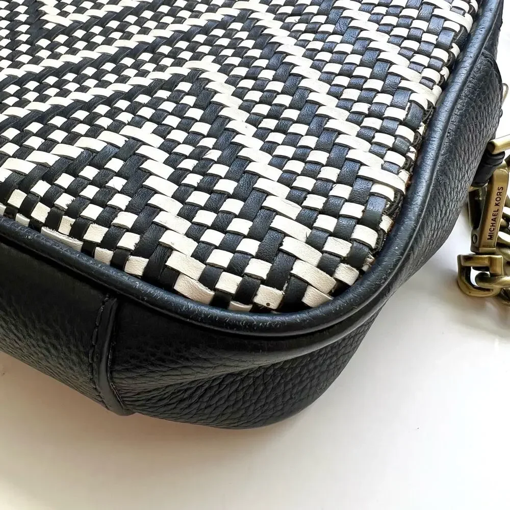 Michael Kors Ginny Camera Crossbody Bag Woven Intrecciato Chevron Leather Navy
